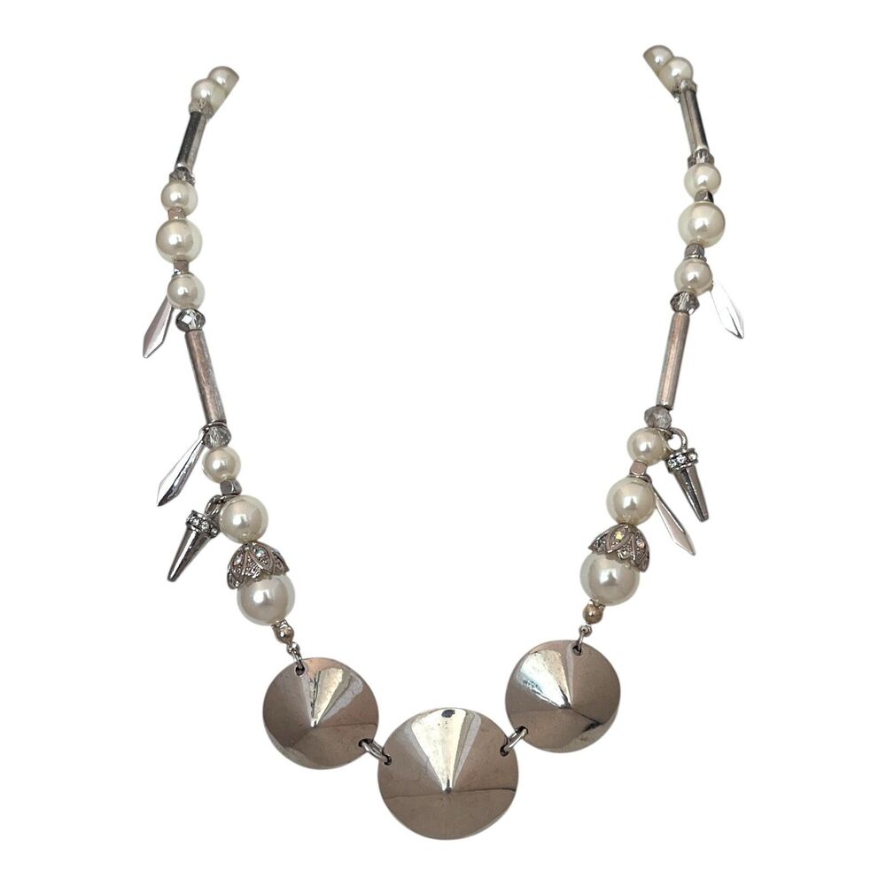 New Statement Necklace Spikes Crystals Silver Tone Simulated Pearls - 10E